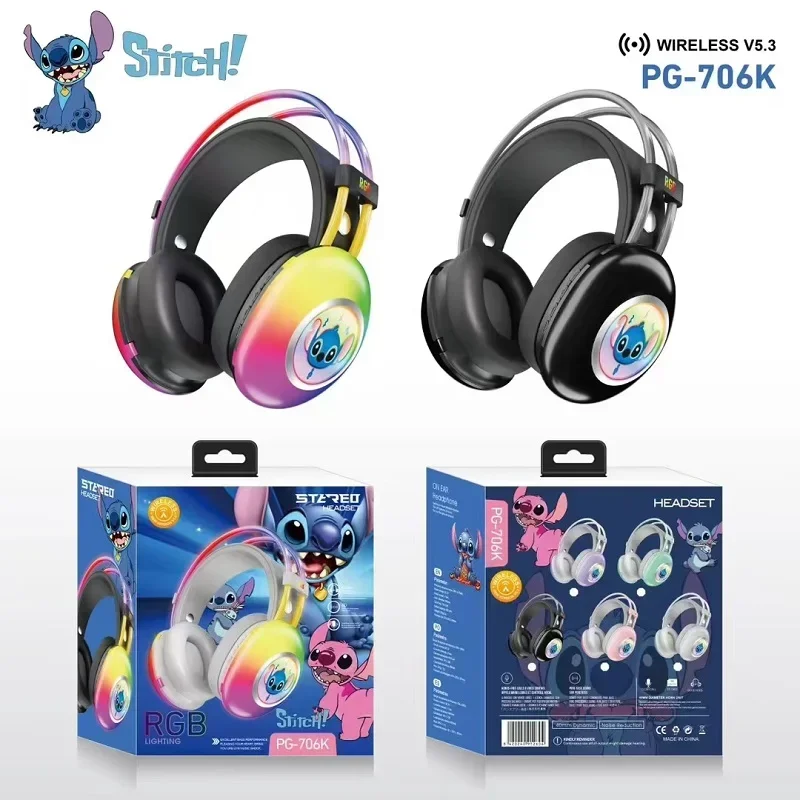 

Disney Stitch RGB Light Earphones Bluetooth Wireless Foldable Computer Headphones Noise Reduction Stereo Gaming Headsets PG-706