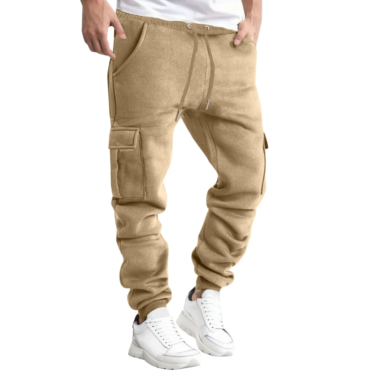 Male Sweatpants Autumn And Winter Workwear Cargo Pants Solid Color Multi Pockets Lace Up Elastic Waist Pants Loose Fit Trousers