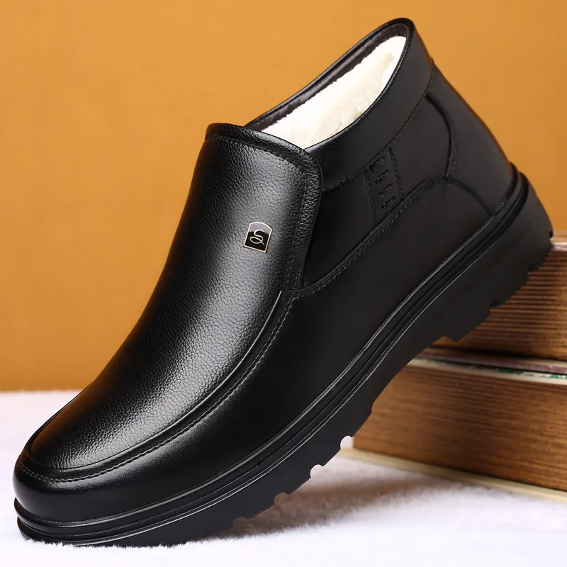 Winter Hot Selling Men's Thick Soled High Top Shoes Warm Plush Ankle Boots Men's Leather Casual Shoes Wear-resistant Soles