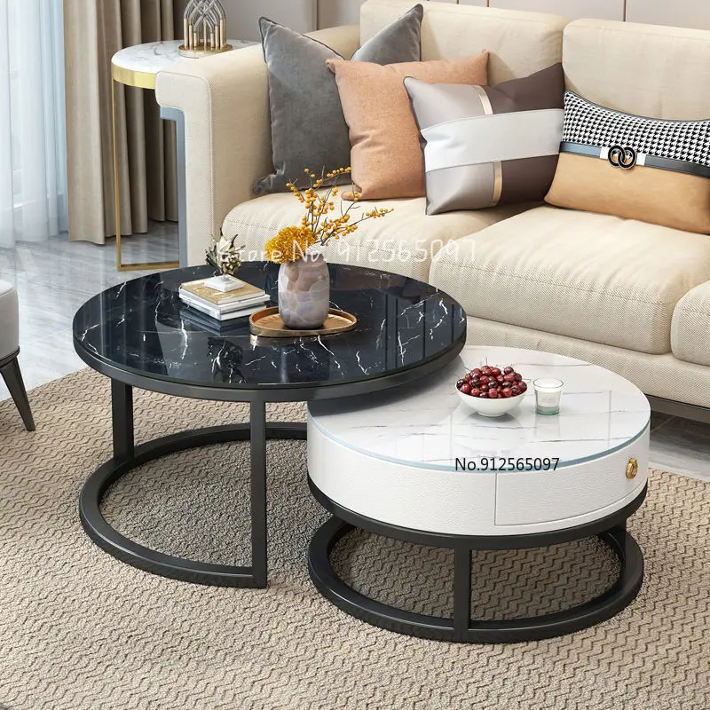 Nordic 2pcs NEW Living Room White Журнальные столики Marble Texture Combination Furniture Round Durable Table Basse طاولات قهوة