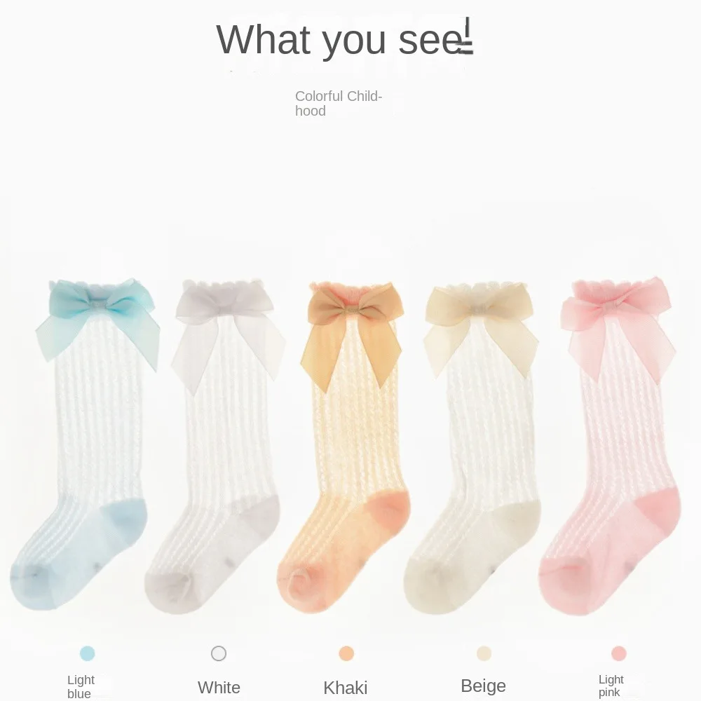 น่ารักสีทึบเด็กผู้หญิงถุงเท้าผ้าฝ้ายนุ่มตาข่ายเข่าสูงBreathable Big Bowsเจ้าหญิงถุงเท้า 0-3 ปี