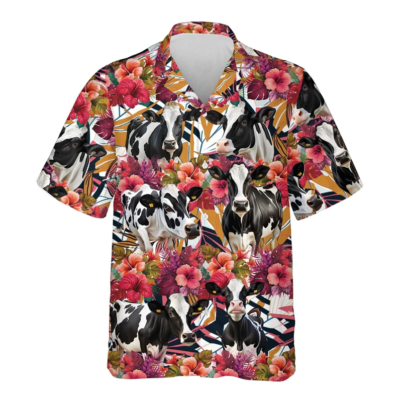 Hawaiian Men\'s Shirt 3D Printing Summer Cow Pattern Oversized Comfortable Casual Tops Short Beach Clothing Street Wear Shirts