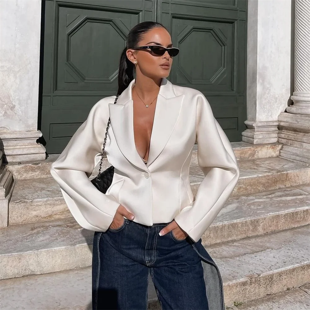 بدلة قصيرة من الحرير ذات لون خالص للخصر لخريف وشتاء، سترة بأكمام طويلة بزر واحد للنساء