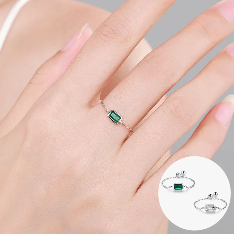 100% 925 Sterling Silver Zircon Geometric Ring for Women Girl Square Adjustable Chain Design Jewelry Party Gift Dropshipping