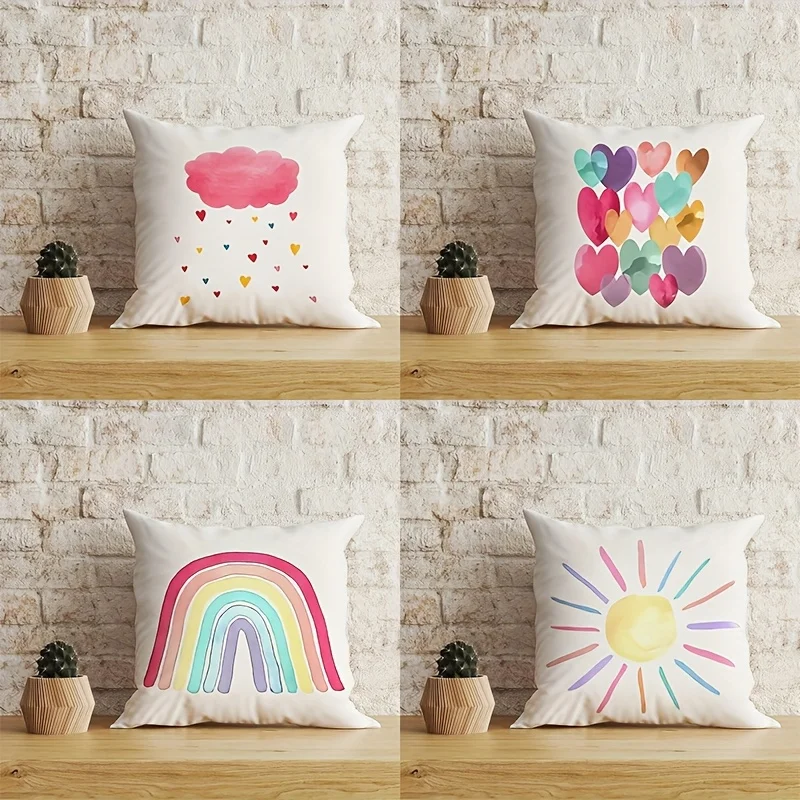 

4 Polyester Rainbow Pillow Covers Colorful Heart Sun Print Set of Four Whimsical Home Decor Sofa Cheerful Artistic Vibe Durable
