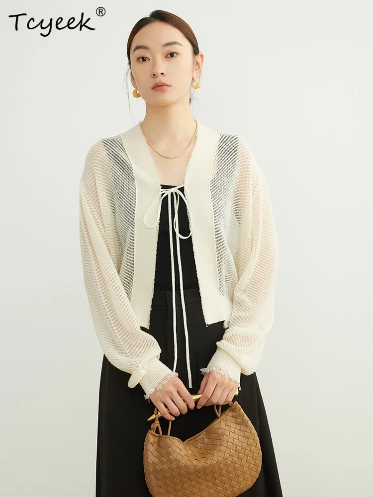 Tcyeek, 32.4% ขนสัตว์Elegantครึ่งแขนเสื้อสเวตเตอร์ถัก,ผู้หญิงLace-Up Hollow Out,แฟชั่นเสื้อลําลอง,ฤดูใบไม้ร่วงฤดูหนาวC47853QM