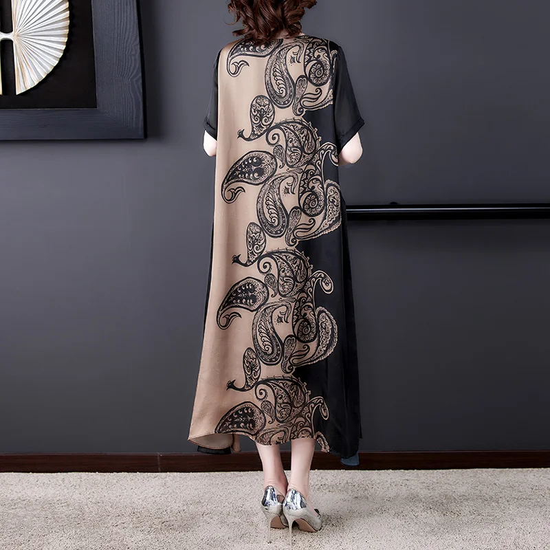 2022 Spring Summer Print 4XL Plus Size Mulberry Silk Dress Women Elegant Bodycon Party Vestidos Boho Vintage Loose Midi Dresses