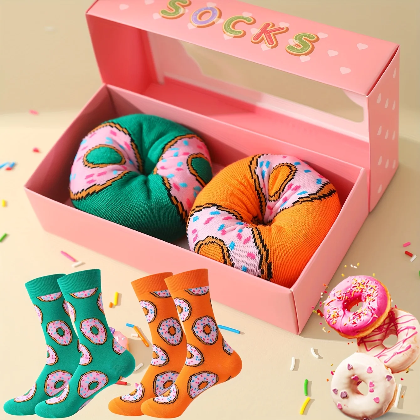 Two pairs of novels, colorful donuts, fashionable socks, four seasons suitable for Christmas Valentine\'s Day gifts on Halloween