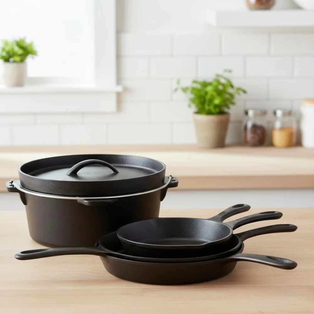 

5-Piece Pre-Seasoned Cast Iron Cookware Set - Even Heat Distribution, Oven Safe, Perfect for Home Chefs