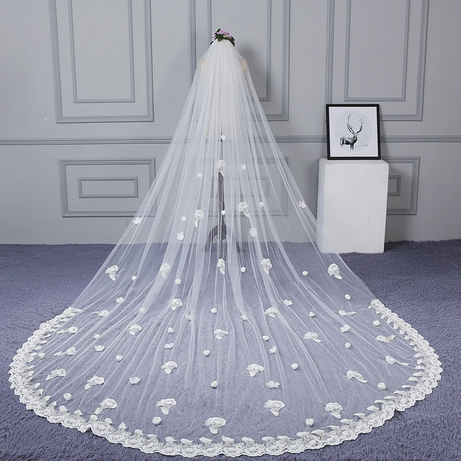 

Hot Sale Cathedral Wedding veils for bride with 3D flower Lace Bridal veil Wedding accessories Boda Vestido de noiva