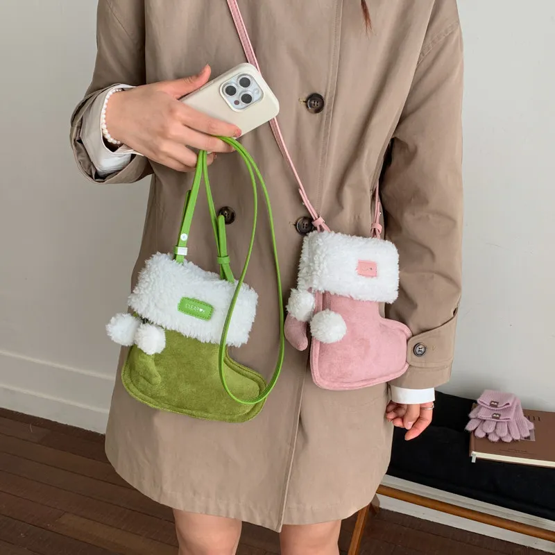 Kawaii Sweet Christmas Girls Red Socks Plush Bag Fashion Minimalist Cute Boots Soft Casual Fairy Tale Women Shoulder Bag - view 5