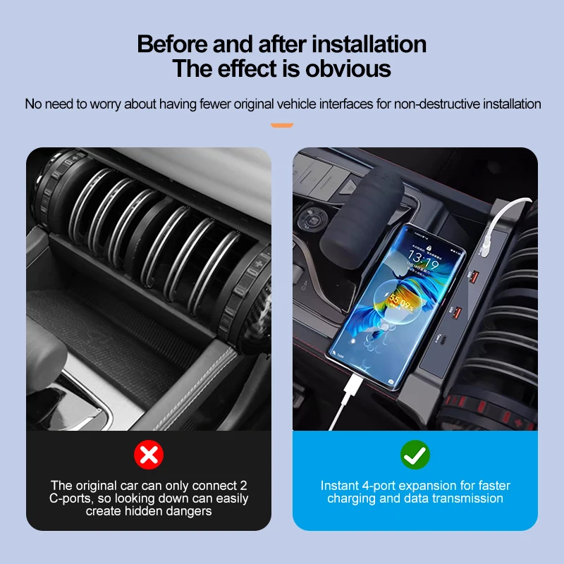 For BYD ATTO 05 Yuan Qin Plus Car Docking Station 90W Quick Charger Center Console Powered USB Type-C Splitter Adapter Extension