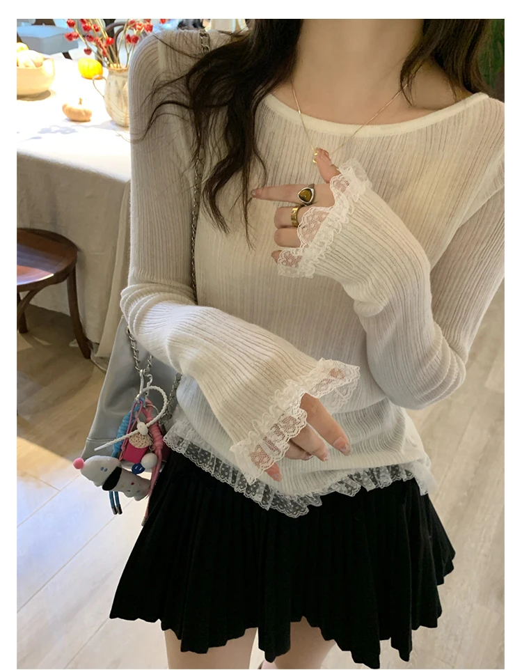 

Элегантный вязаный топ с кружевной отделкой и круглым вырезом, женская тонкая многослойная рубашка, модный минималистичный свитер с длинными рукавами, твидовая стильная блузка