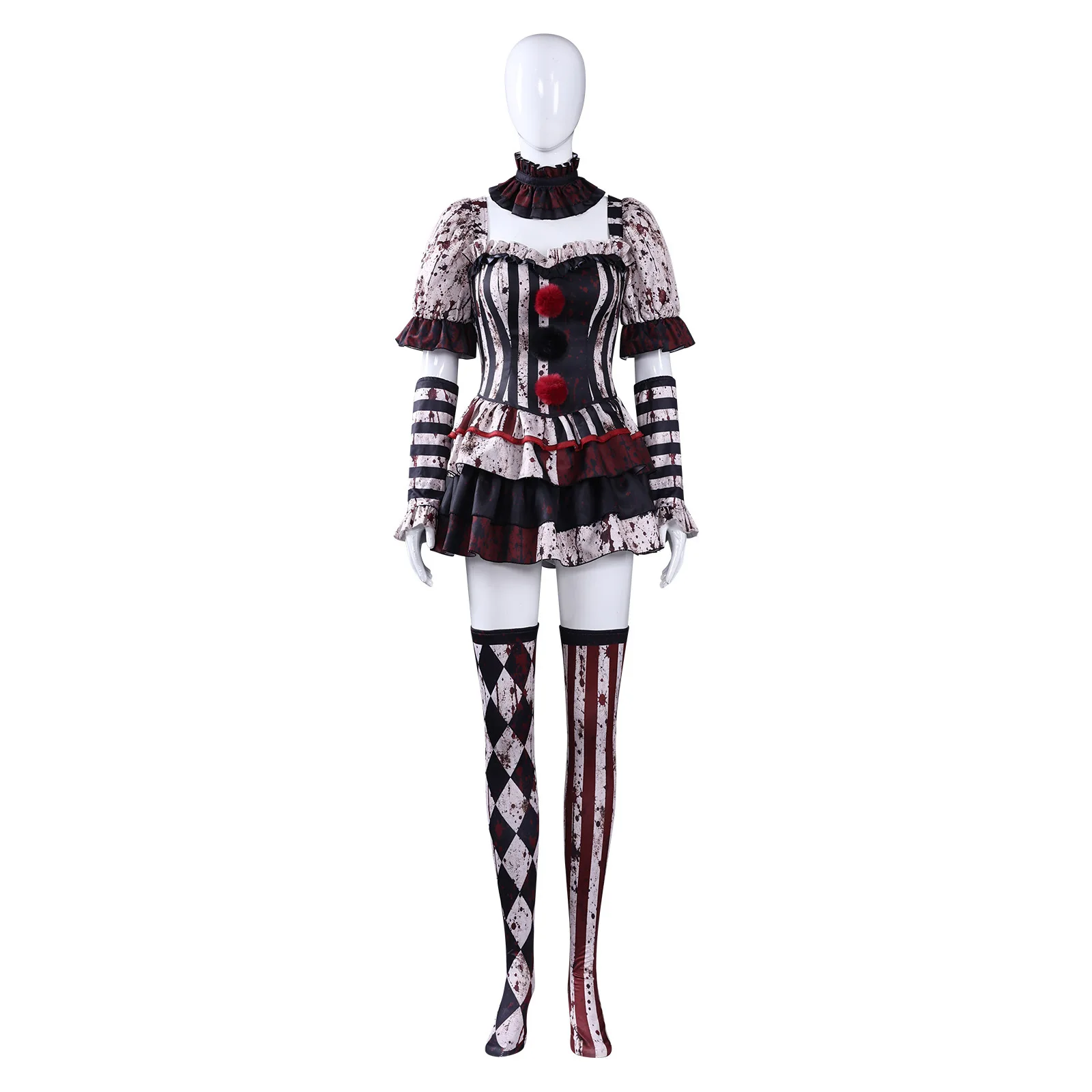 Bloody Horror Clown Cosplay Costume Women Gothic Harlequin Cosplay Dress With Gloves and Stockings Halloween Carnival Outfit view 3