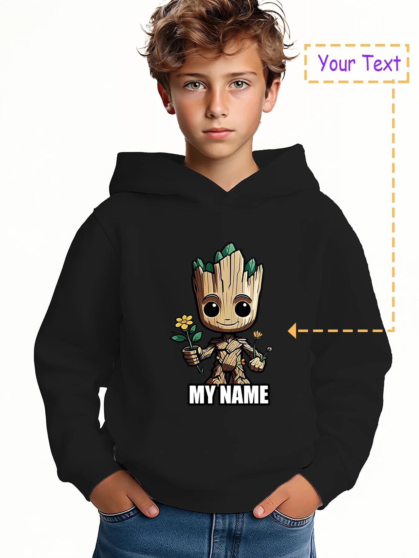 

MINISO Groot Floral Hoodie - Cute Groot holding a flower pattern, fresh and cute style, perfect for spring travel and leisure ti