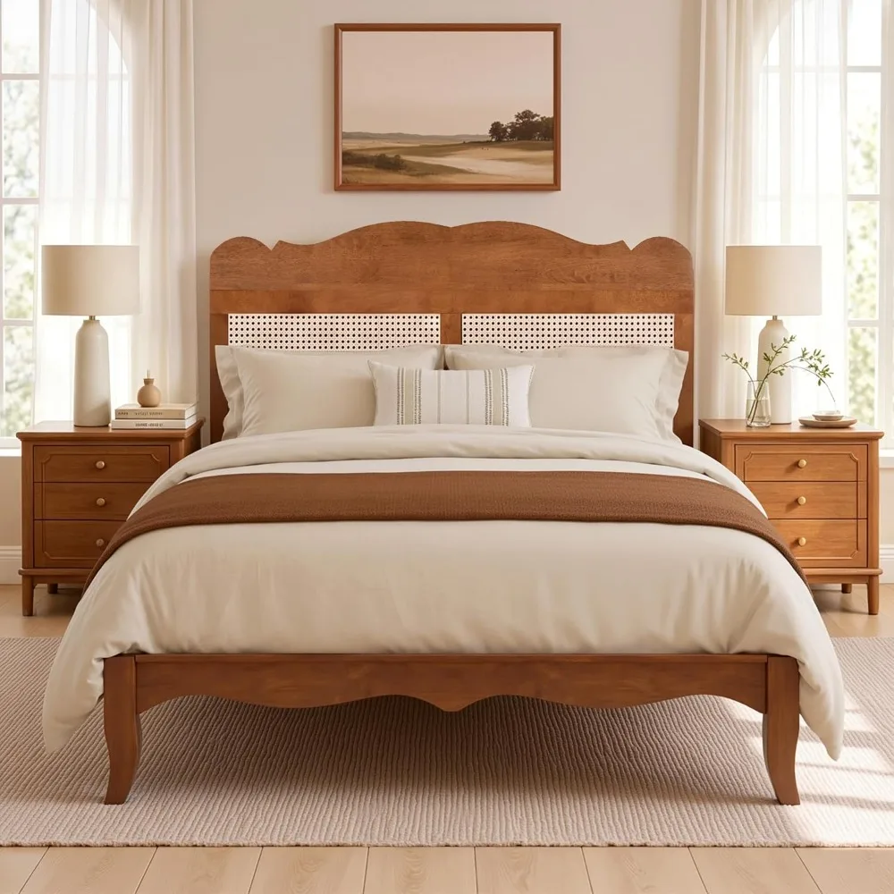 Solid Wood Queen Bed Frame with Adjustable Headboard, Customized