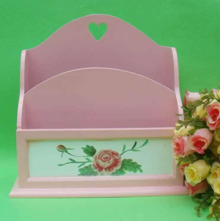 European Style Wooden Pastoral Tabletop Storage Box, Rose Letter Insertion Book and Newspaper Remote Control Rack