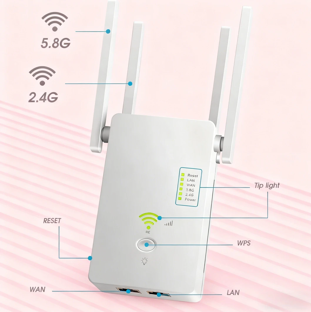 Extensor/enrutador/AP inalámbrico WiFi 5G AC1200, repetidor de doble banda, señal de refuerzo 802.11AC, punto de acceso Wi-Fi de largo alcance de 1200Mbps