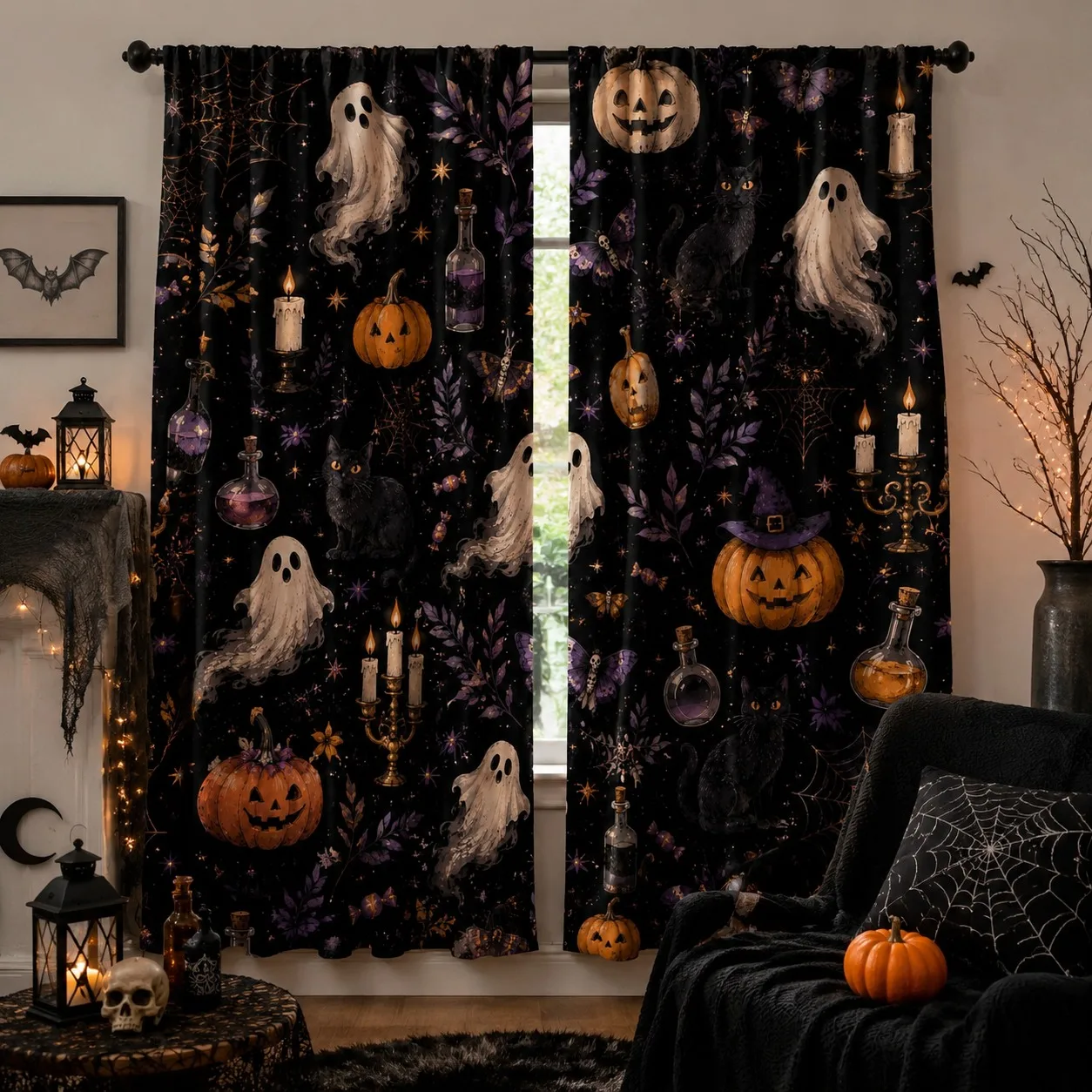 2Pcs Halloween Curtains with Pumpkin Ghost Spider Web and Bat Print, Spooky Black Purple Theme Decor, High-Quality Digital, Goth