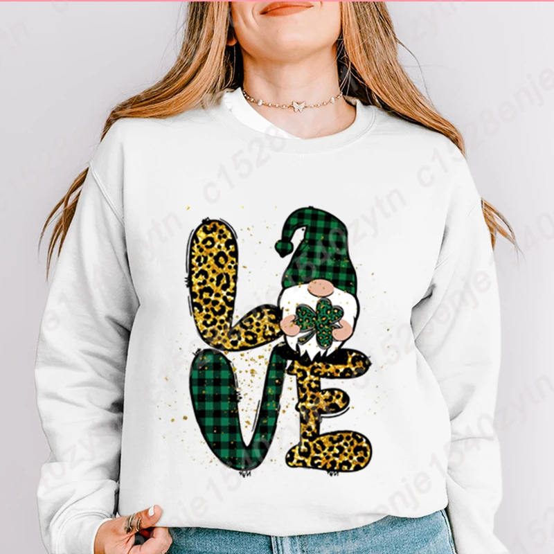 St Patrick's Day Love Gnome Clover Graphic Hoodless Sweatshirt Fashion Women's Casual Long-sleeved Loose Winter Autumn Pullovers