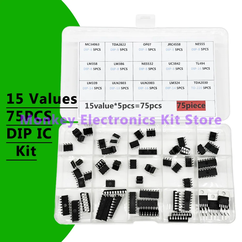 75PCS 15 Values Integrated Circuit DIP IC Kit LM358 , LM386 , TO-220 TDA2030 , NE555,NE5532 , LM339 , ULN2003 , ULN2803 , UC3842