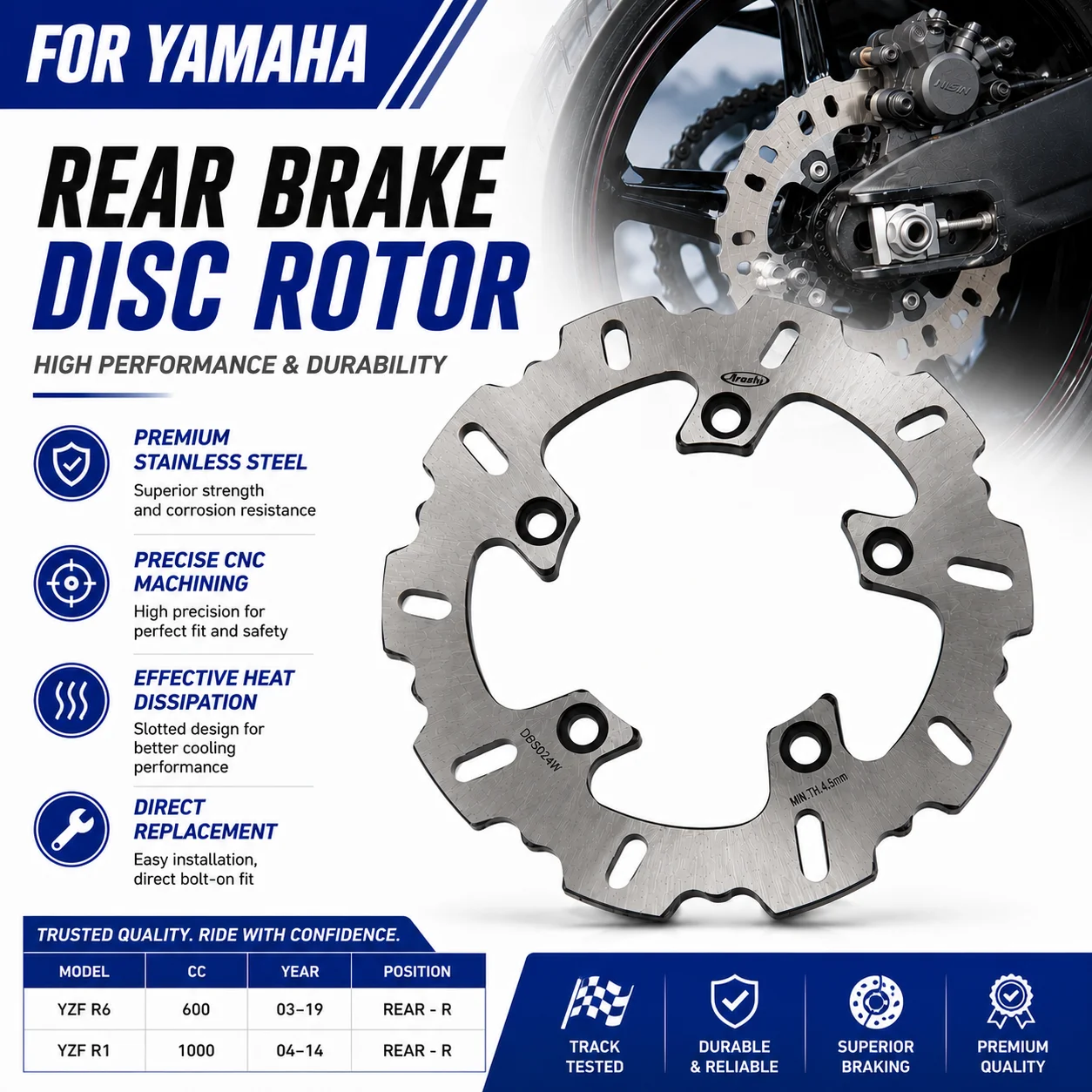 

ARASHI Motorcycle Rear Brake Rotor Disc Brake Disk Stainless Steel For Yamaha YZF R6 600 YZF R1 1000 Replacement Accessories