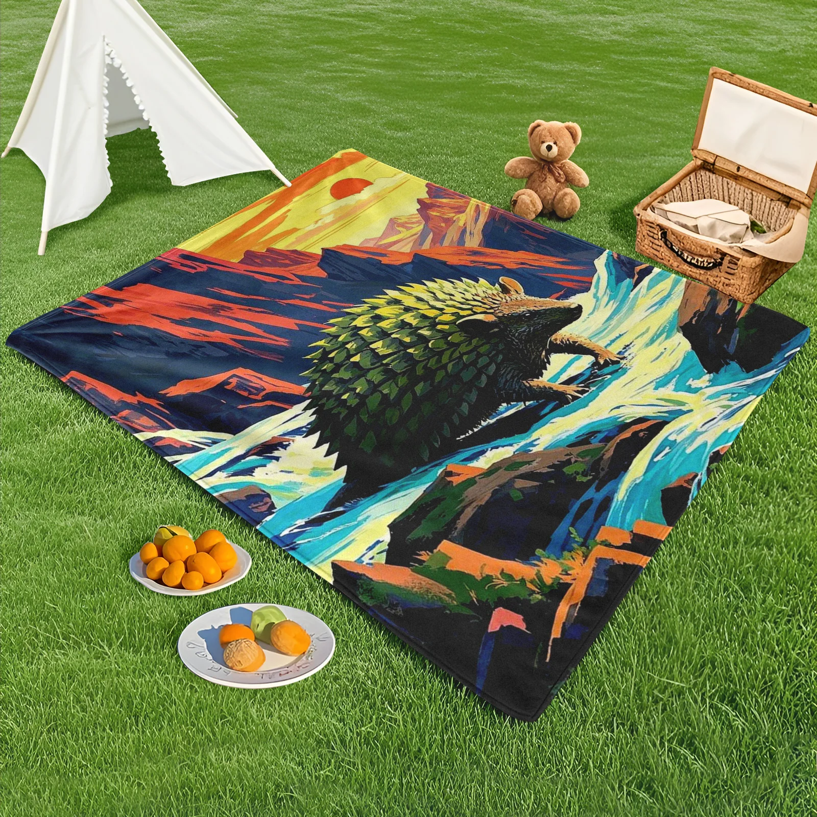 Armadillo With Mountains Sunset And River Design Outdoor Blanket For Scenic Camping And Nature Inspired Outdoor Moments