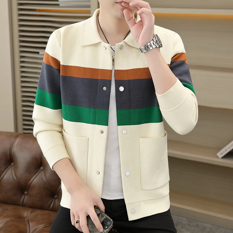 

Mens Autumn Winter Preppy Style Knitwear Coats Mens Casual Slim Stripe Knited Cardigan Street High Quality Cotton Sweater Jacket