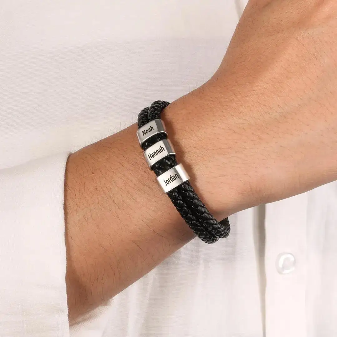مجموعة أساور جلدية مضفرة شخصية مع صندوق هدايا-سوار رجالي مخصص محفور له سوار رجالي محفور له #5