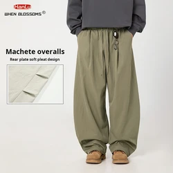 HANGLU 2025 Spring Men's Fashion Curved Casual Long Pants Retro Loose Wide Leg Trendy Brand Baggy Trousers
