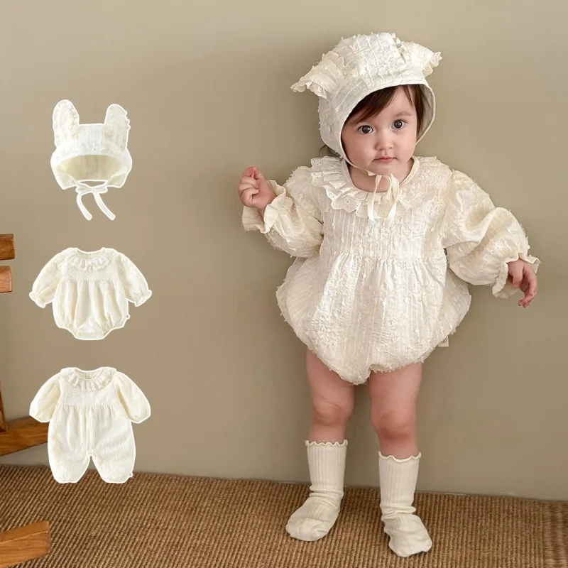 

HoneyCherry New Korean-style Baby Romper - New Autumn Baby Lace Collar Solid Color Onesie, Baby Girl Clothes