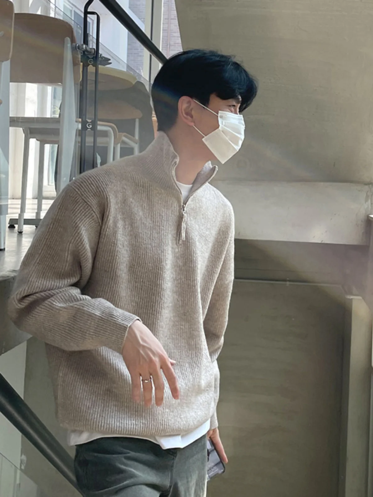 

Loose Zipper Sweater Men's Spring Autumn Korean Sle Lazy Vintage Knitted irt Outerwear Casual Long Sve Pure Color