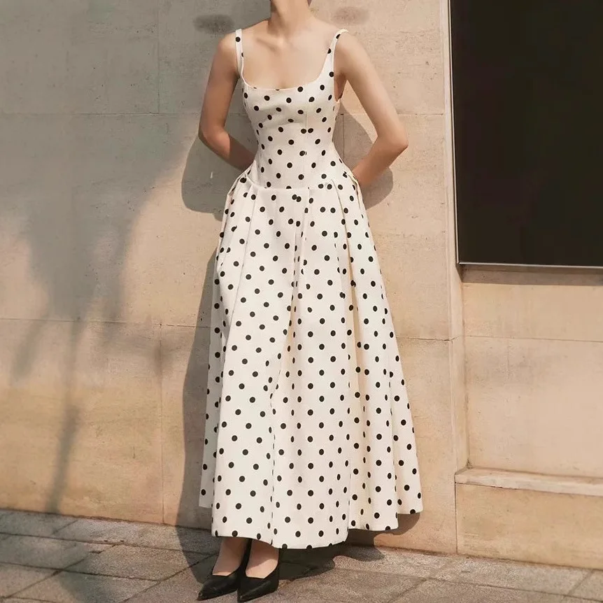 

High Waist Casual Holiday Dress White Dot Spaghetti Strap Brithday Party Dresses for Women 2025 Summer New Elegant Prom Gowns