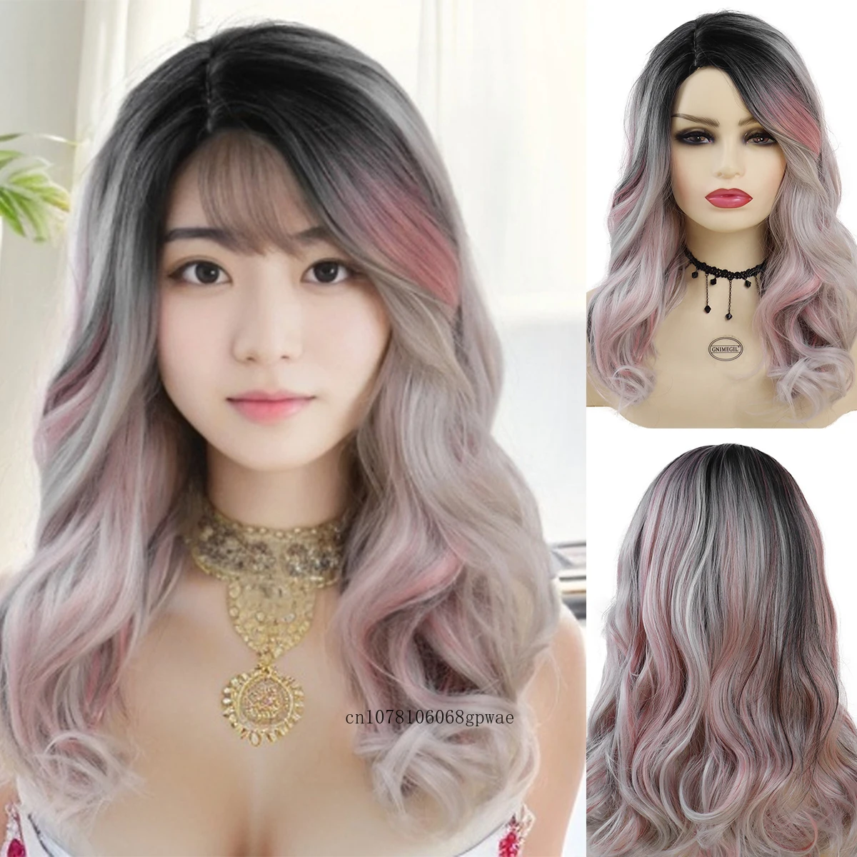 Mixed Pink Cosplay Lolita Wig Synthetic Dark Root Long Curly Wigs for Women Girls Soft Beauty Hair Costume Halloween Party