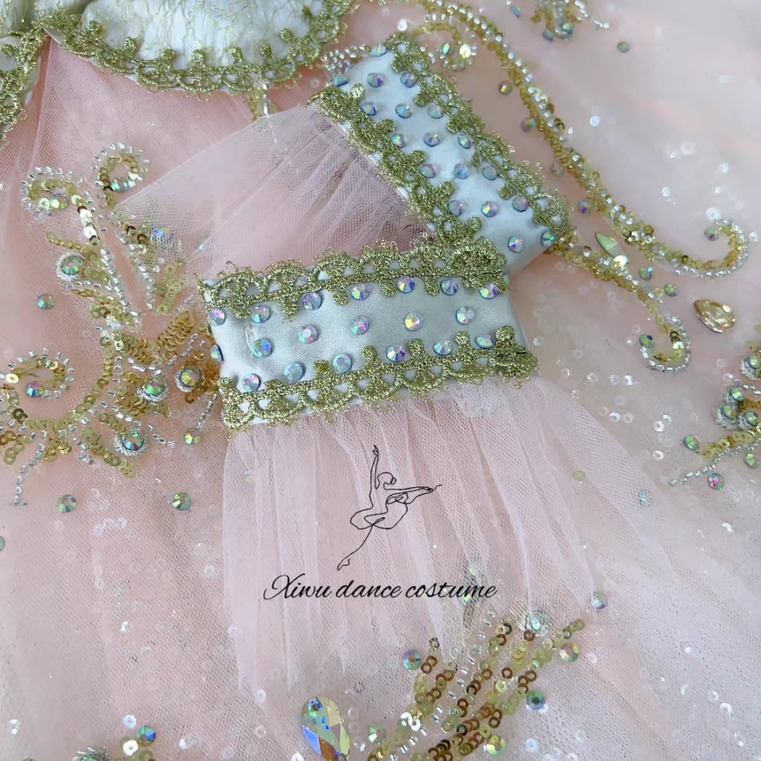 Costume de danse tutu de ballet rose et blanc avec broderie dorée