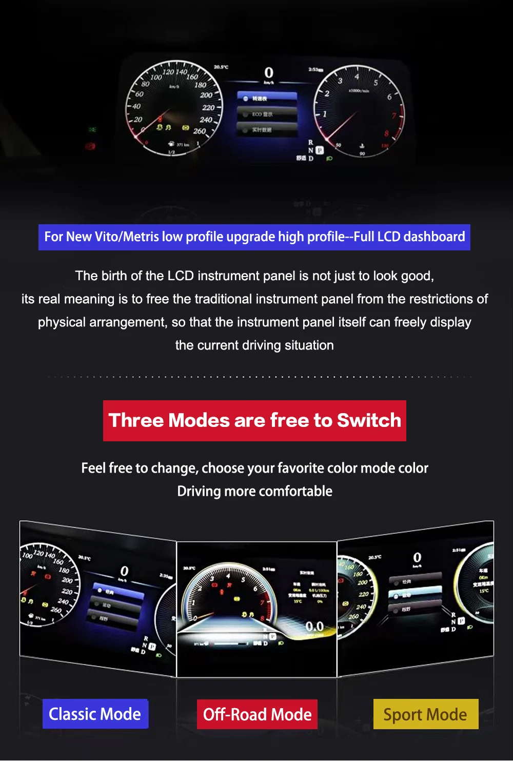 12.3 Inch Digital Cluster for VITO Speed Meter LCD Cluster Instrument Panel Multimedia Player Dashboard