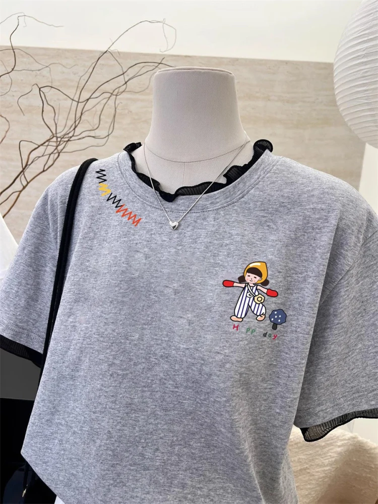 Chique kleur Blo Kant Patchwork ort Sve T-shirt Dames Zomerontwerp Zoet Veelzijdig Afslanktop Trendy Casual Loose Fit