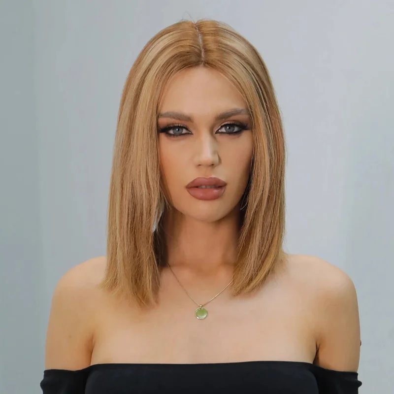 Brown Human Hair Wig with Blonde Highlight 4x4 Lace Front Wig Remy