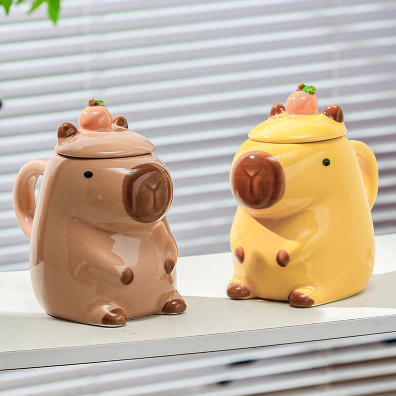 ハンドルと蓋付きのセラミックコーヒーマグ,カピバラ漫画,楽しいティーカップ,女の子へのギフト,パーティーアクセサリー,写真,かわいい,3D