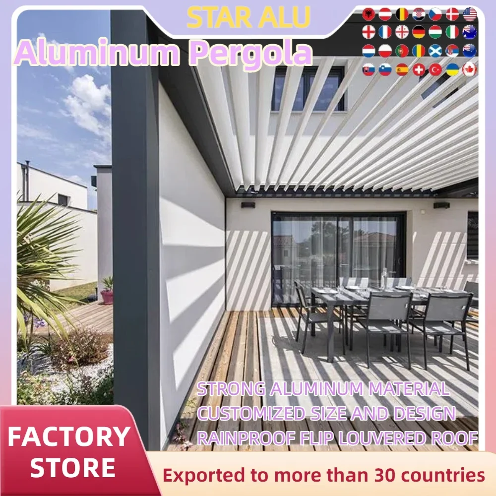 

Bioclimatic Motorized Aluminum Pergola 3x4m/10x12ft Automatic flip louvered roof with LED light sunshade T5 aluminum alloy