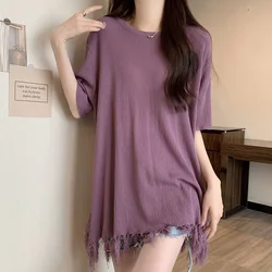 Fashion O-Neck Short Sleeve Solid Color Tassel T-Shirts Female Clothing 2024 Summer New Loose Casual Tops All-match Tee Shirt