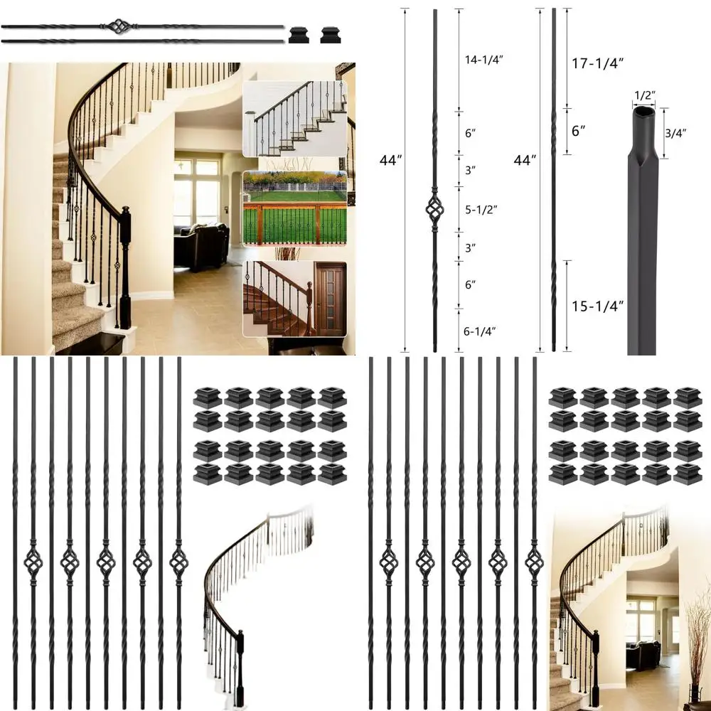 

10 Pack 44 Satin Black Iron Balusters for Staircases with 5 Double and 5 Single Basket Style Shoes
