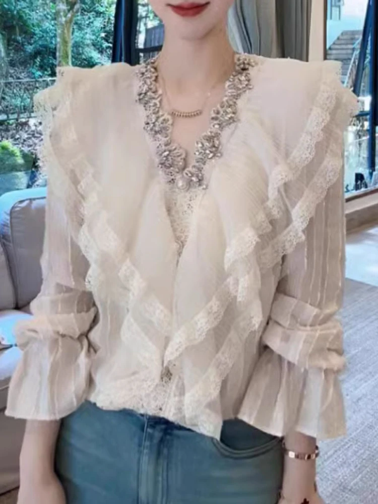 Lace and Diamond Stitching Shirt Women Spring Summer New High Quality V-Neck Ruffled Loose Plus Size French Elegant Commuter Top