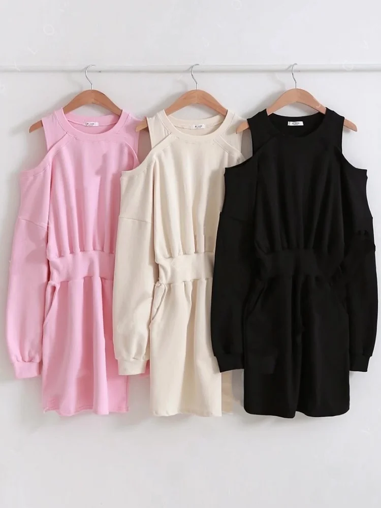 Spring New Chic oulder-baring Slimming Long Sve Sweatirt Dr Women's Waist-cinched Unique Design Commute Cotton Dr