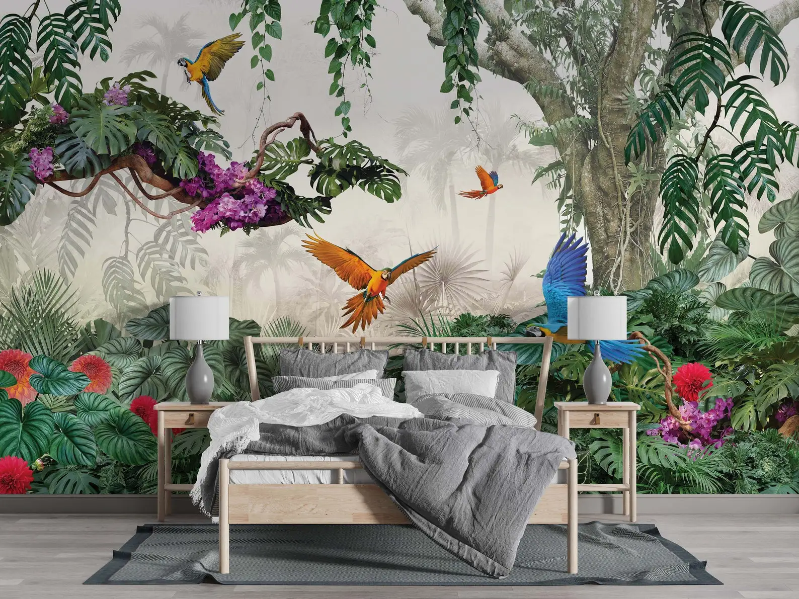 Customized Size Mural Tropical Rainforest 3d Wallpaper, Jungle Palm Tree Mural Home Decoration Parrot Tree Decoration Painting