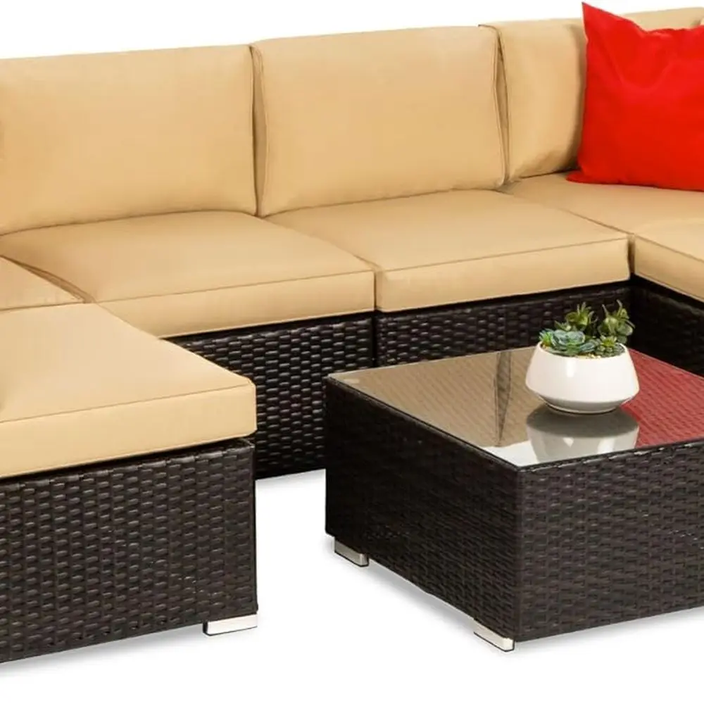 

Brown/Tan 7-Piece Outdoor Wicker Sectional Patio Set with 2 Ottomans, Coffee Table, and Cover