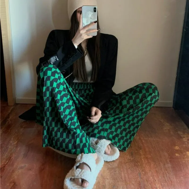 

Rhombus Pattern Pleated Wide-leg Pants Women's High-waisted Plaid Straight Thin Casual Trend Versatile Floor-mopping Trousers