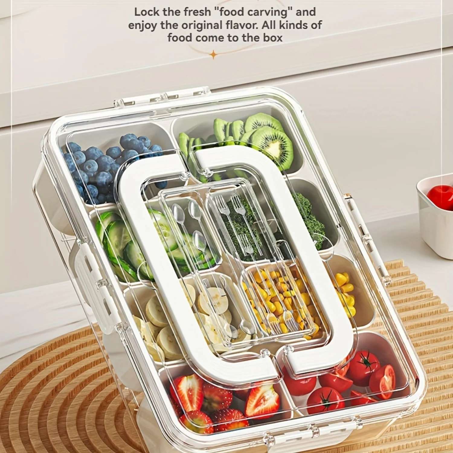 1pc transparent white eight-grid  box for snacks and dried fruits, outdoor portable packaging box with small spoon and  and fork