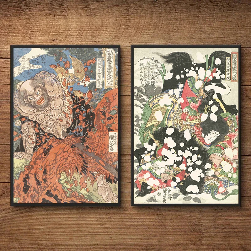 Antique Japanese Utagawa Kuniyoshi Ukiyo-e Heroes of The Water Margin Samurai Canvas Poster Wall Art Pictures Home Decor Gift