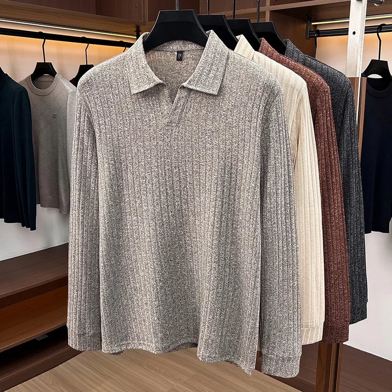 Men Polo Collar V‑Neck Knit Sweater Vertical Ribbed Texture Long Sleeve Soft Stretch Slim Fit Winter Casual Business Mens Tops view 4